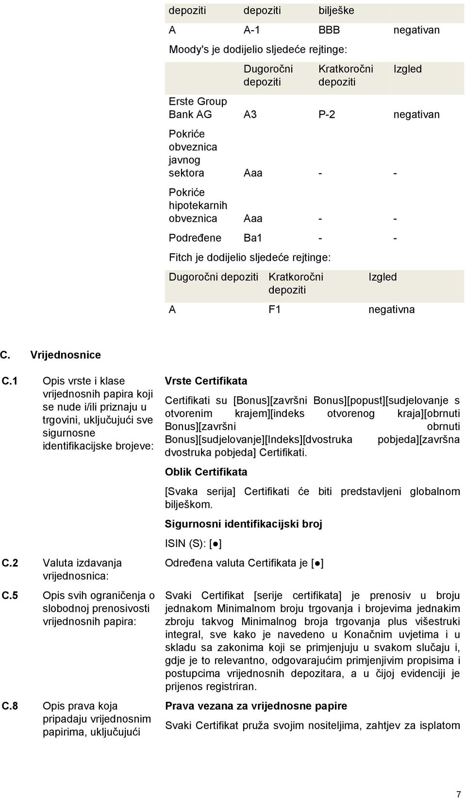 1 Opis vrste i klase vrijednosnih papira koji se nude i/ili priznaju u trgovini, uključujući sve sigurnosne identifikacijske brojeve: C.2 Valuta izdavanja vrijednosnica: C.