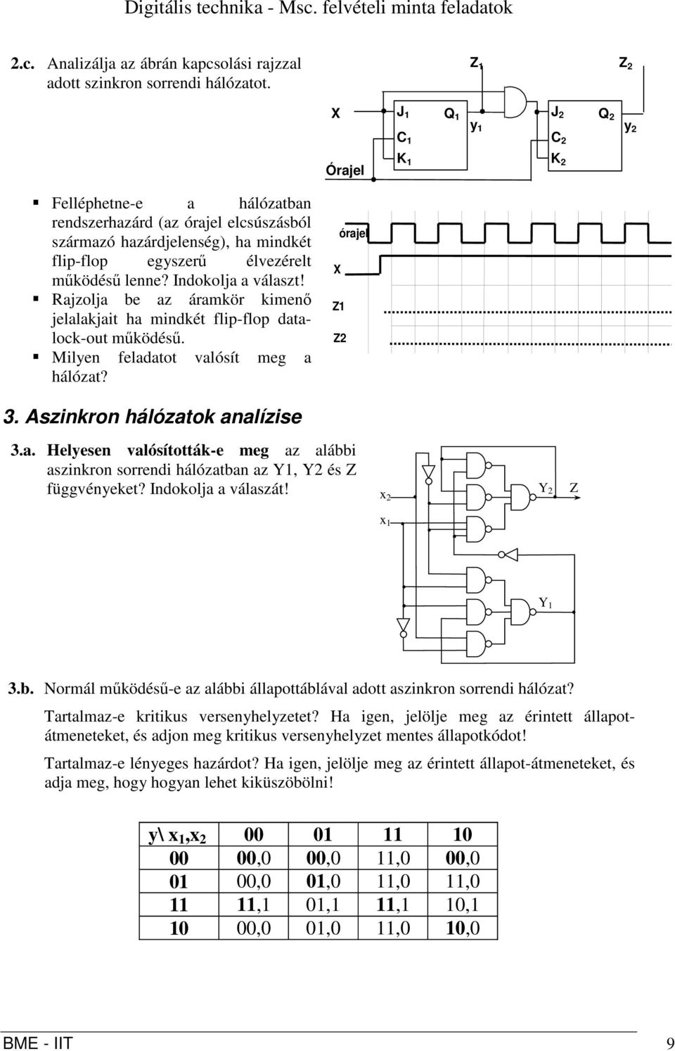 Indokolja a választ! Rajzolja be az áramkör kimenő jelalakjait ha mindkét flip-flop datalock-out működésű. Milyen feladatot valósít meg a hálózat? órajel X Z Z2 3. szinkron hálózatok analízise 3.a. Helyesen valósították-e meg az alábbi aszinkron sorrendi hálózatban az Y, Y2 és Z függvényeket?