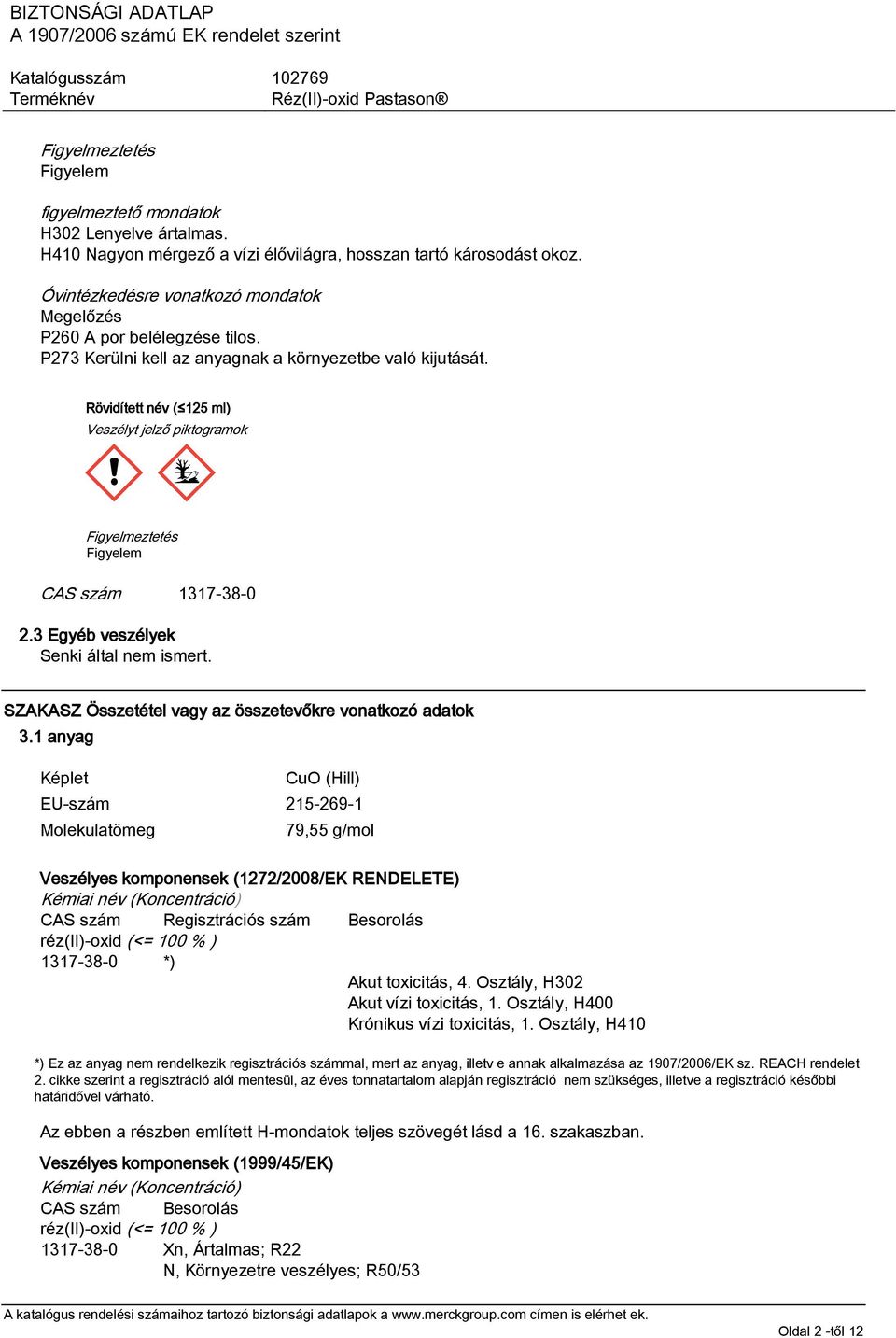 Rövidített név ( 125 ml) Veszélyt jelző piktogramok Figyelmeztetés Figyelem CAS szám 1317-38-0 2.3 Egyéb veszélyek Senki által nem ismert. SZAKASZ Összetétel vagy az összetevőkre vonatkozó adatok 3.