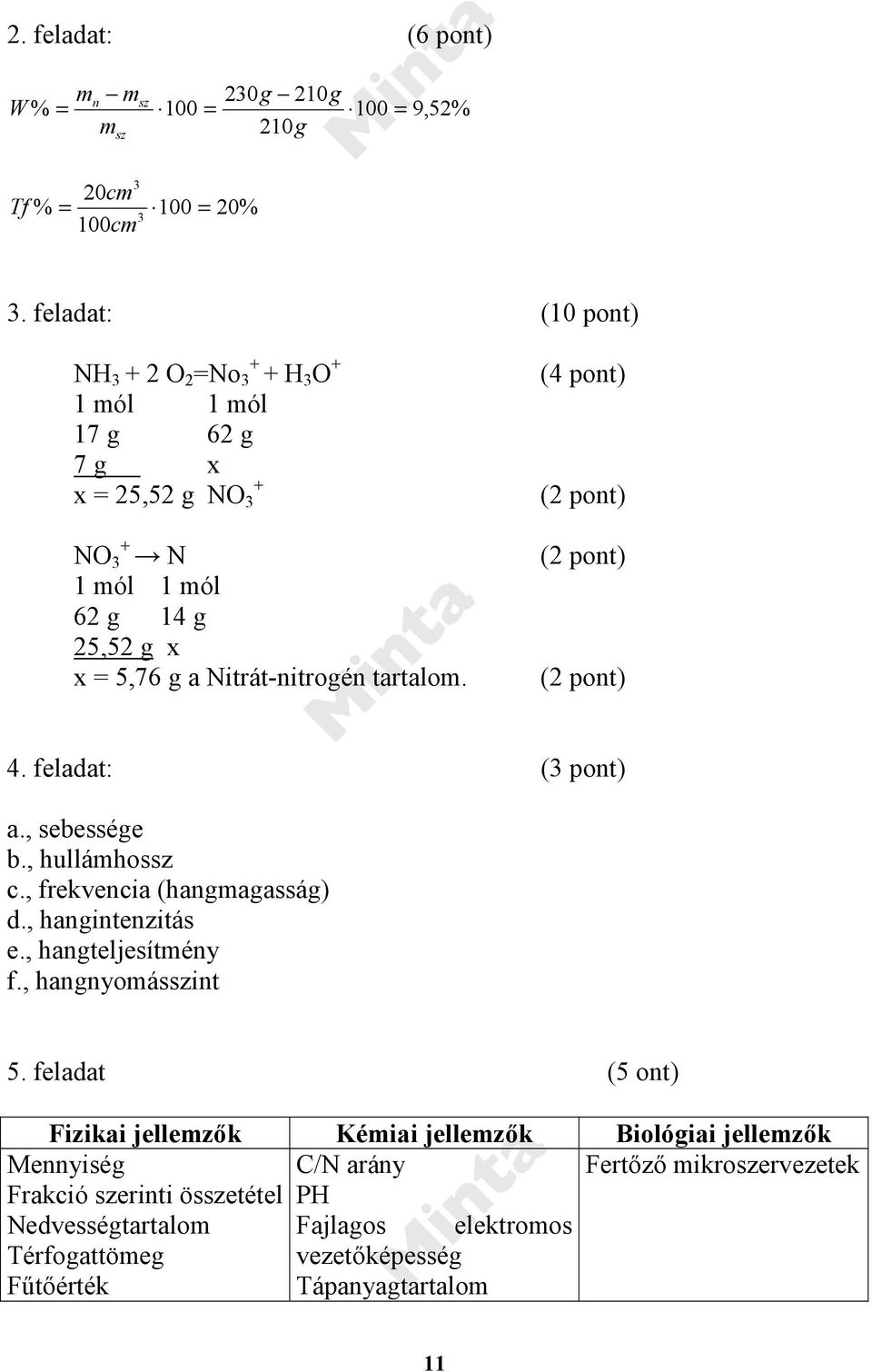 Nitrát-nitrogén tartalom. (2 pont) (2 pont) 4. feladat: (3 pont) a., sebessége b., hullámhossz c., frekvencia (hangmagasság) d., hangintenzitás e., hangteljesítmény f.