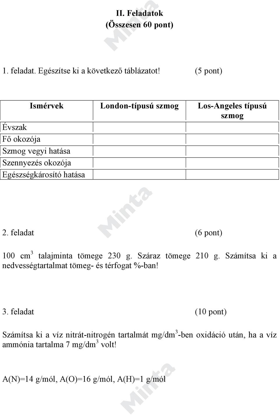 Egészségkárosító hatása 2. feladat (6 pont) 100 cm 3 talajminta tömege 230 g. Száraz tömege 210 g.