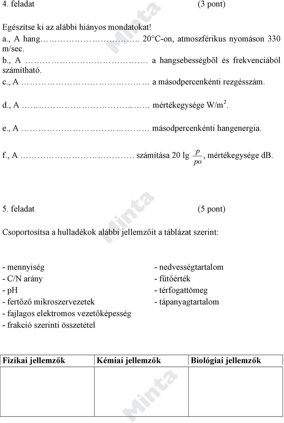 feladat (5 pont) Csoportosítsa a hulladékok alábbi jellemzőit a táblázat szerint: - mennyiség - nedvességtartalom - C/N arány - fűtőérték - ph - térfogattömeg -
