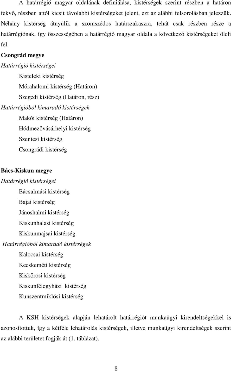 Csongrád megye Határrégió kistérségei Kisteleki kistérség Mórahalomi kistérség (Határon) Szegedi kistérség (Határon, rész) Határrégióból kimaradó kistérségek Makói kistérség (Határon)