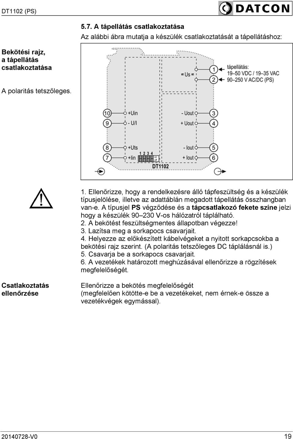 A típusjel PS végződése és a tápcsatlakozó fekete színe jelzi hogy a készülék 90 230 V-os hálózatról táplálható. 2. A bekötést feszültségmentes állapotban végezze! 3.