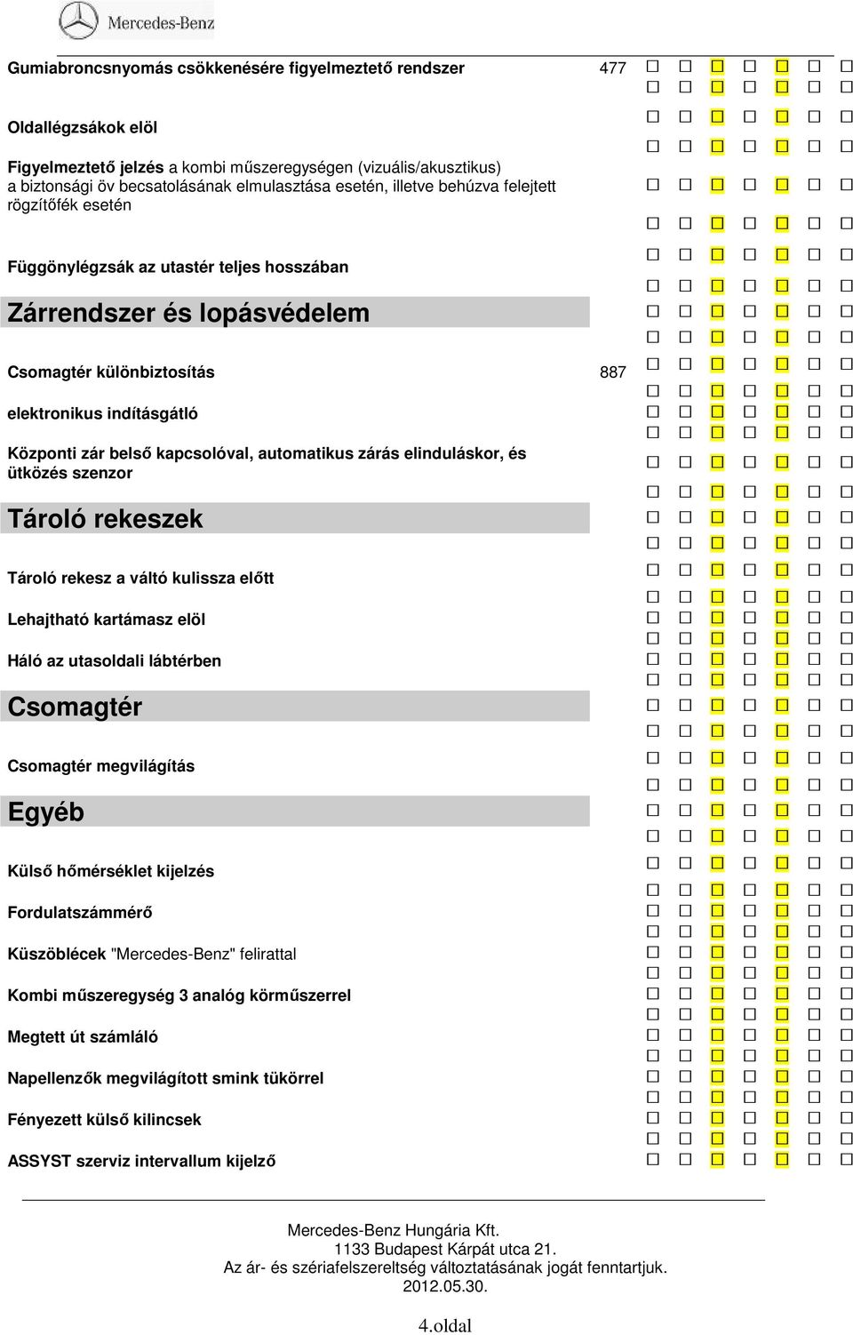 kapcsolóval, automatikus zárás elinduláskor, és ütközés szenzor Tároló rekeszek Tároló rekesz a váltó kulissza előtt Lehajtható kartámasz elöl Háló az utasoldali lábtérben Csomagtér Csomagtér