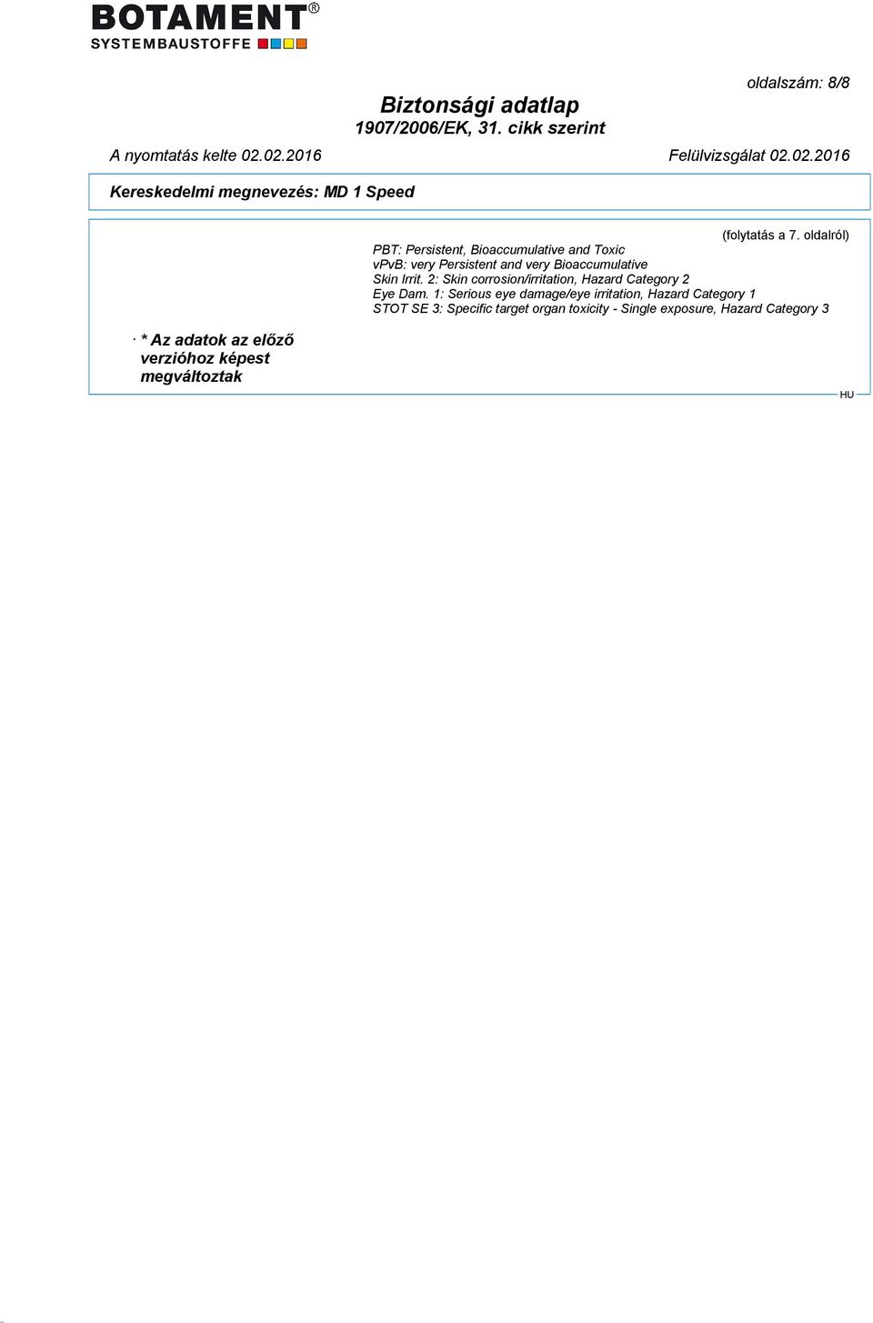 Bioaccumulative Skin Irrit. 2: Skin corrosion/irritation, Hazard Category 2 Eye Dam.