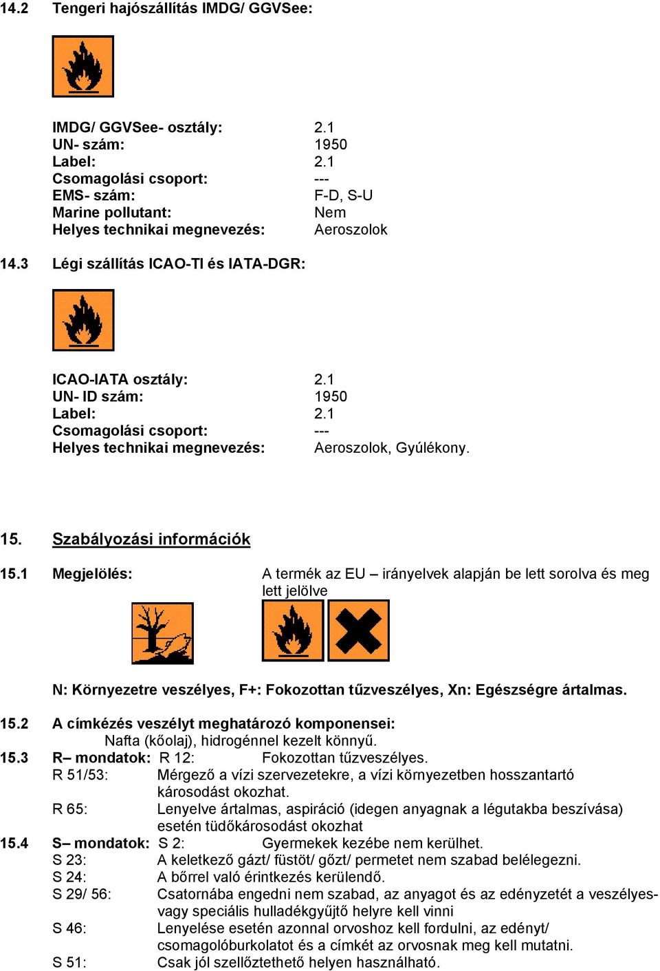 1 Csomagolási csoport: --- Helyes technikai megnevezés: Aeroszolok, Gyúlékony. 15. Szabályozási információk 15.