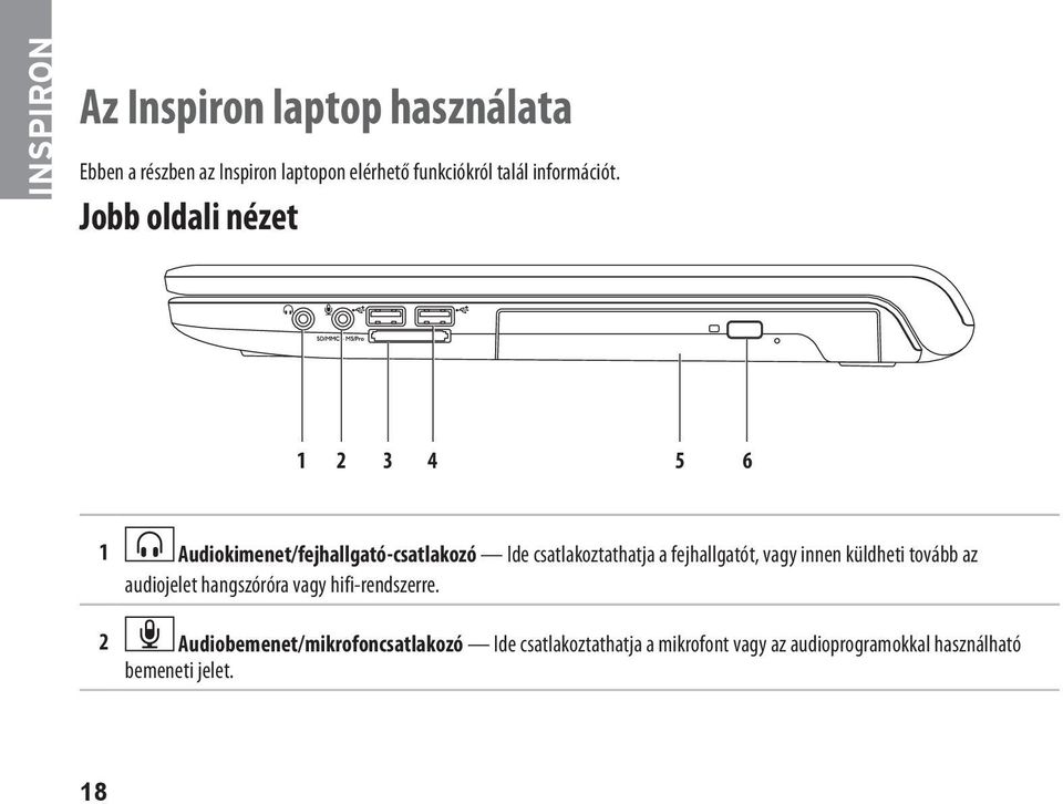 Jobb oldali nézet 1 2 3 4 5 6 1 Audiokimenet/fejhallgató-csatlakozó Ide csatlakoztathatja a fejhallgatót,