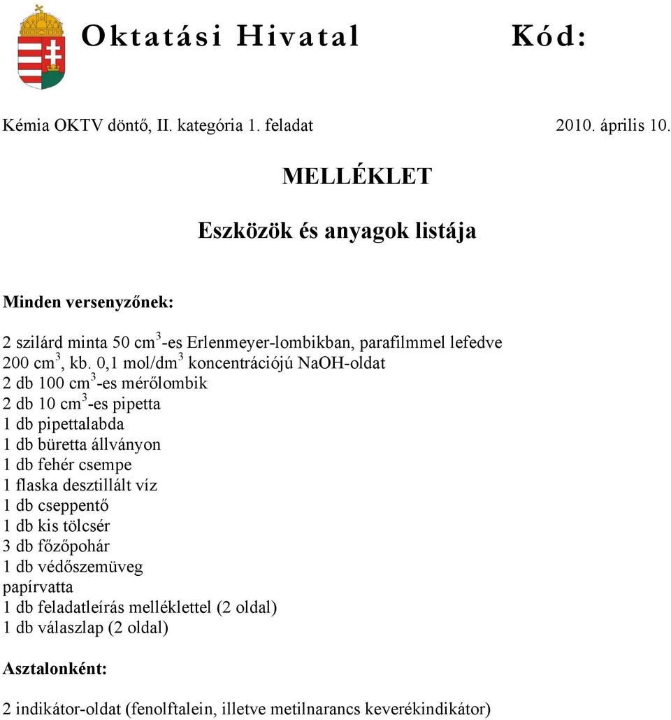 0,1 mol/dm 3 koncentrációjú NaOH-oldat 2 db 100 cm 3 -es mérőlombik 2 db 10 cm 3 -es pipetta 1 db pipettalabda 1 db büretta állványon 1 db fehér csempe