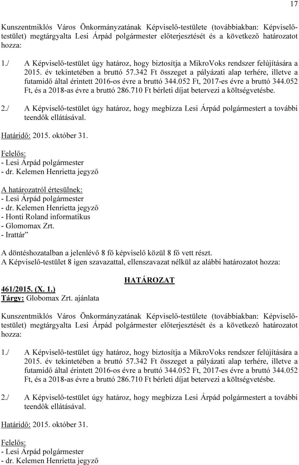 342 Ft összeget a pályázati alap terhére, illetve a futamidő által érintett 2016-os évre a bruttó 344.052 Ft, 2017-es évre a bruttó 344.052 Ft, és a 2018-as évre a bruttó 286.