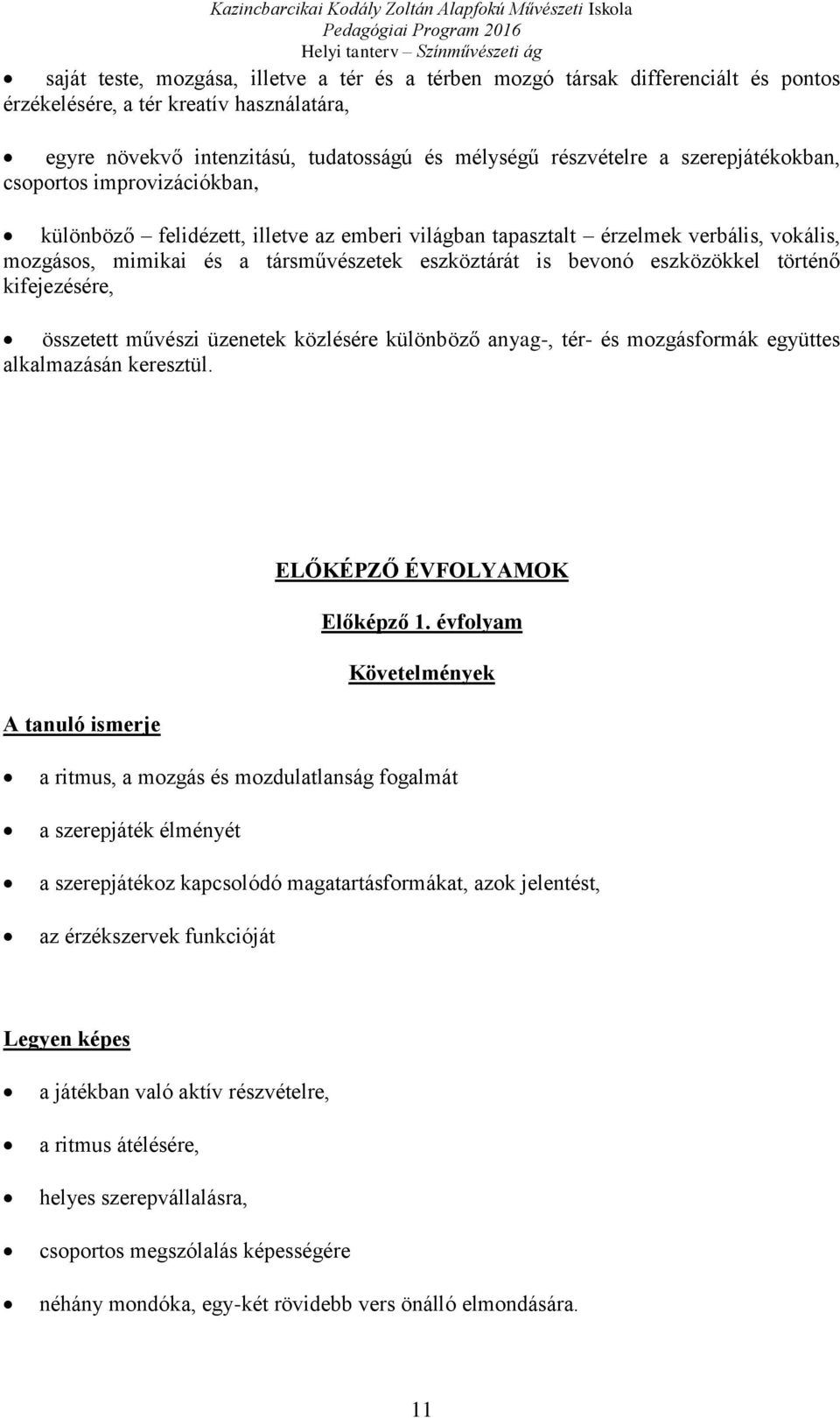 eszközökkel történő kifejezésére, összetett művészi üzenetek közlésére különböző anyag-, tér- és mozgásformák együttes alkalmazásán keresztül. ELŐKÉPZŐ ÉVFOLYAMOK Előképző 1.