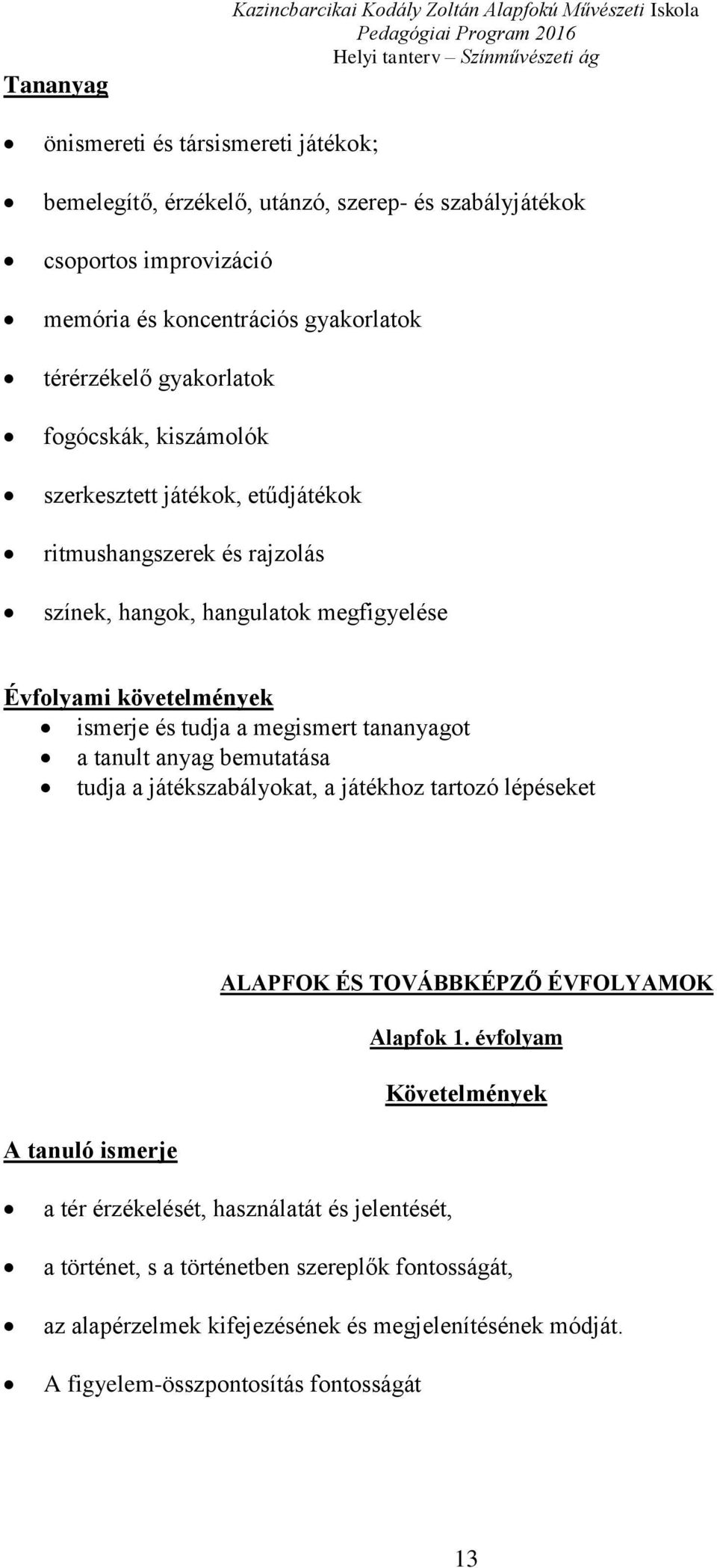 megfigyelése ismerje és tudja a megismert tananyagot a tanult anyag bemutatása tudja a játékszabályokat, a játékhoz tartozó lépéseket ALAPFOK ÉS TOVÁBBKÉPZŐ ÉVFOLYAMOK Alapfok 1.