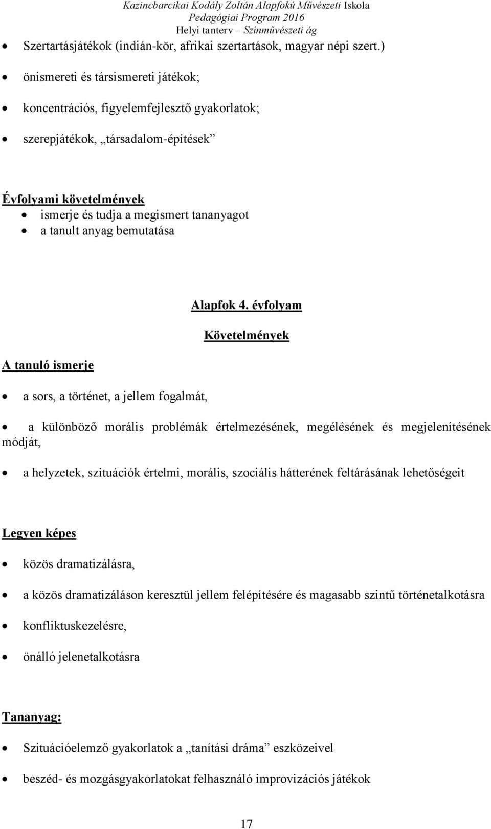 évfolyam a sors, a történet, a jellem fogalmát, a különböző morális problémák értelmezésének, megélésének és megjelenítésének módját, a helyzetek, szituációk értelmi, morális, szociális hátterének