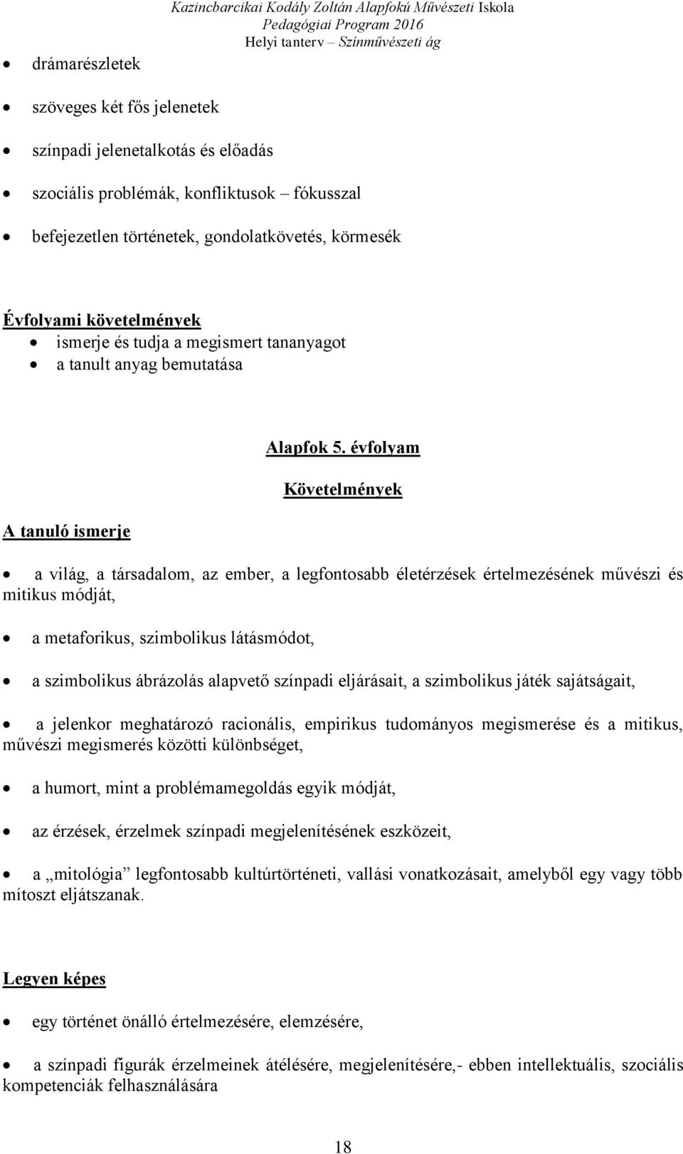 évfolyam a világ, a társadalom, az ember, a legfontosabb életérzések értelmezésének művészi és mitikus módját, a metaforikus, szimbolikus látásmódot, a szimbolikus ábrázolás alapvető színpadi