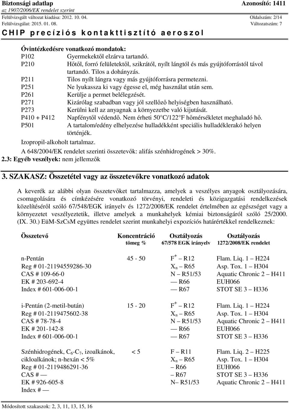 P251 Ne lyukassza ki vagy égesse el, még használat után sem. P261 Kerülje a permet belélegzését. P271 Kizárólag szabadban vagy jól szellőző helyiségben használható.