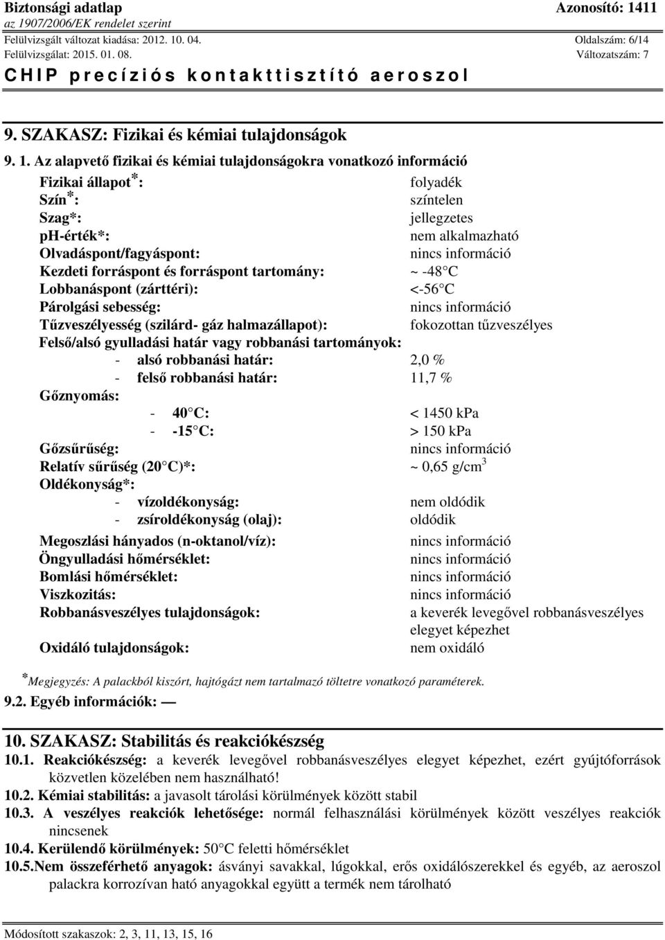 Az alapvető fizikai és kémiai tulajdonságokra vonatkozó információ Fizikai állapot * : folyadék Szín * : színtelen Szag*: jellegzetes ph-érték*: nem alkalmazható Olvadáspont/fagyáspont: Kezdeti