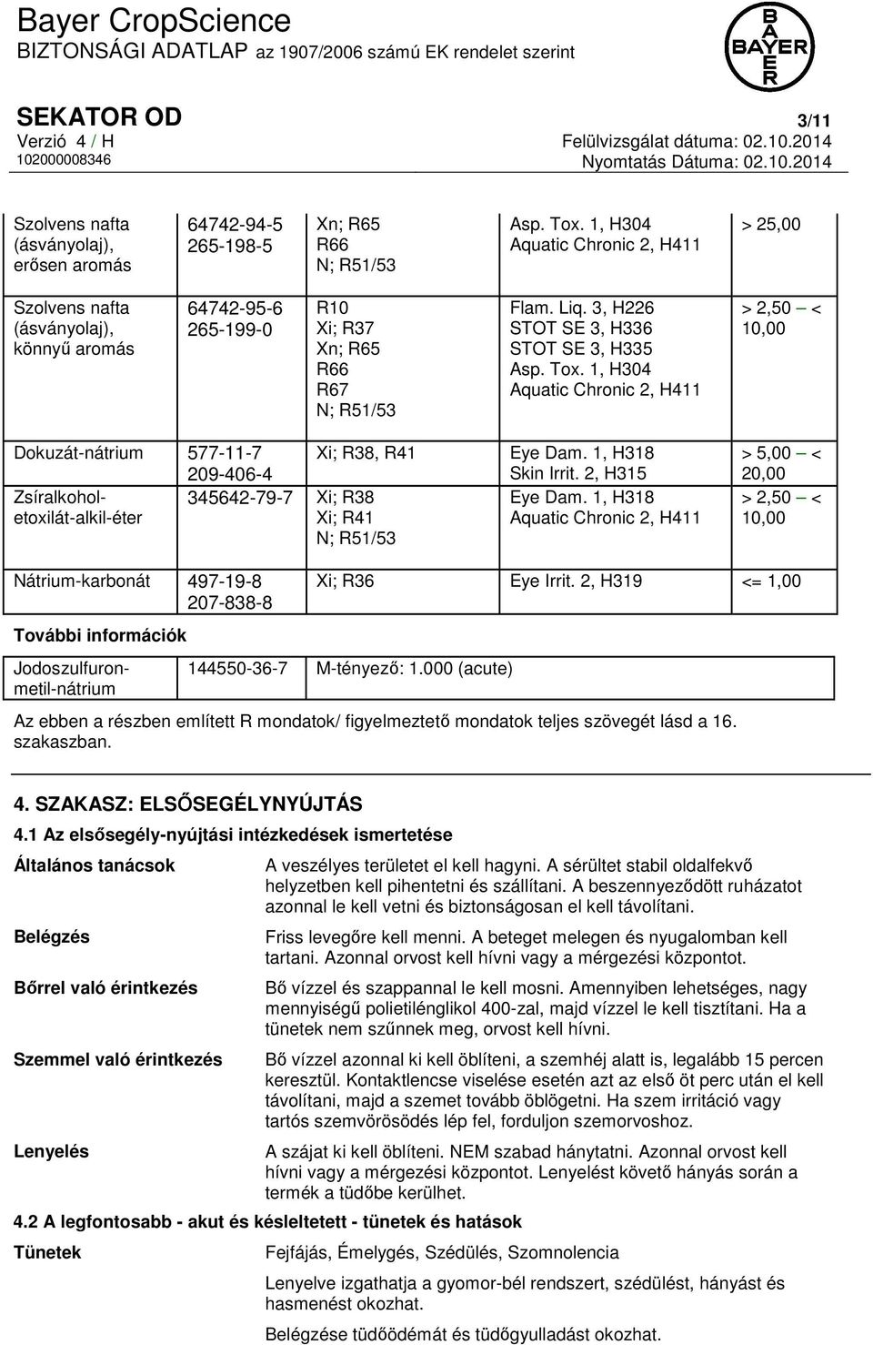 Tox. 1, H304 Aquatic Chronic 2, H411 > 2,50 < 10,00 Eye Dam. 1, H318 Skin Irrit. 2, H315 Eye Dam.