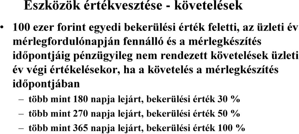 év végi értékelésekor, ha a követelés a mérlegkészítés időpontjában több mint 180 napja lejárt,