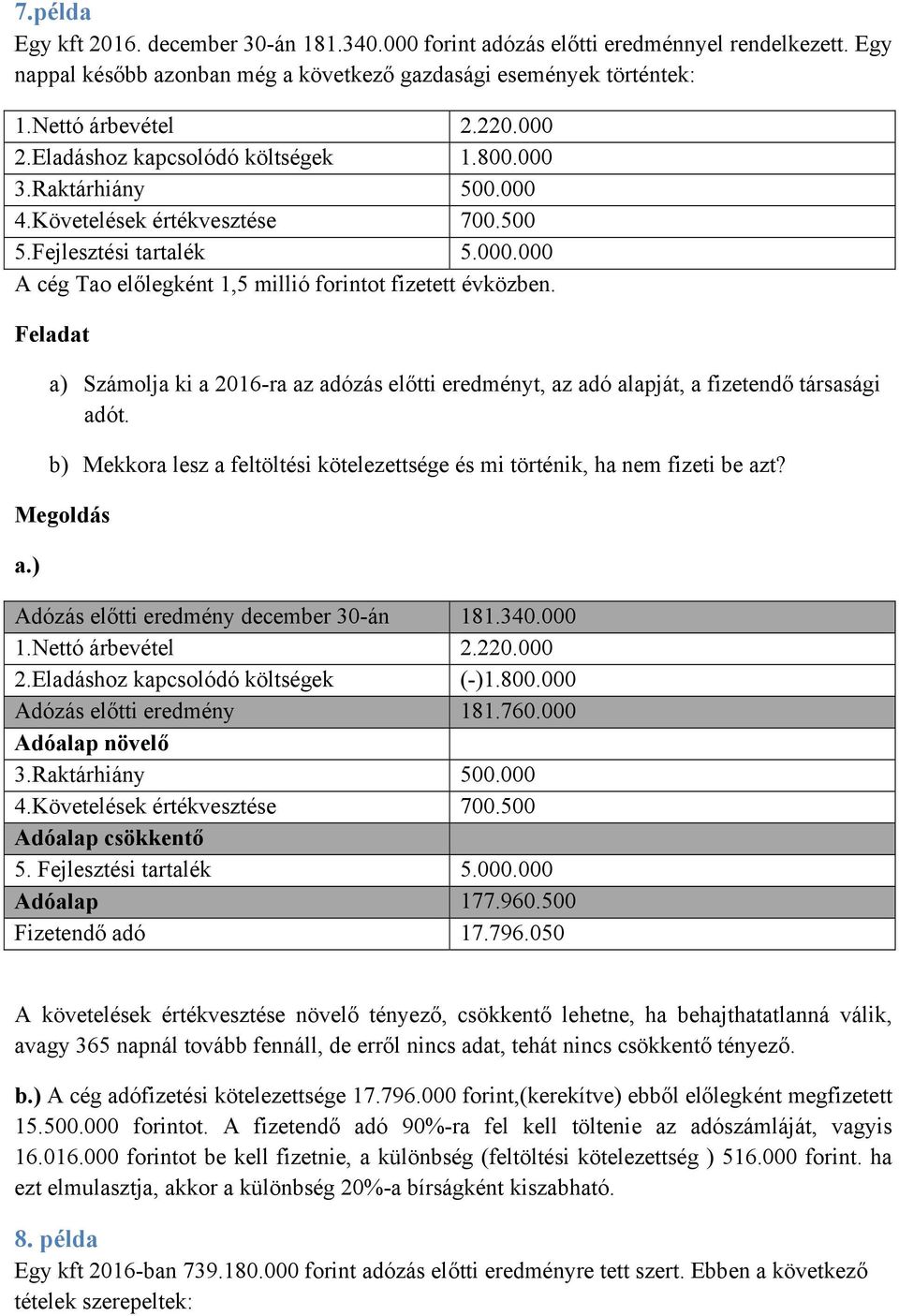 Feladat a) Számolja ki a 2016-ra az adózás előtti eredményt, az adó alapját, a fizetendő társasági adót. b) Mekkora lesz a feltöltési kötelezettsége és mi történik, ha nem fizeti be azt? Megoldás a.