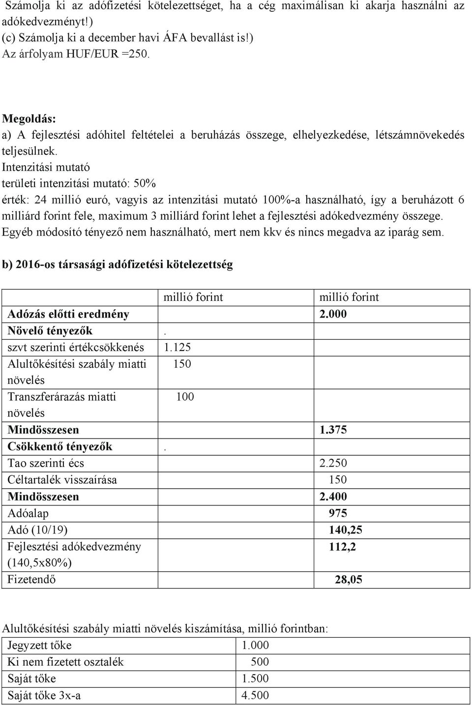 Intenzitási mutató területi intenzitási mutató: 50% érték: 24 millió euró, vagyis az intenzitási mutató 100%-a használható, így a beruházott 6 milliárd forint fele, maximum 3 milliárd forint lehet a