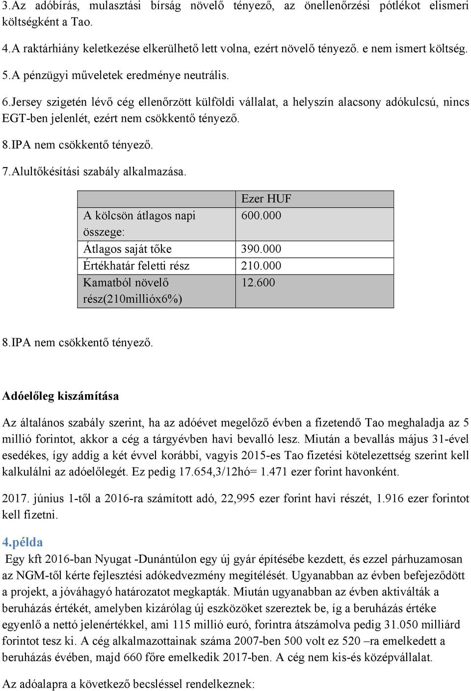 IPA nem csökkentő tényező. 7.Alultőkésítási szabály alkalmazása. Ezer HUF A kölcsön átlagos napi 600.000 összege: Átlagos saját tőke 390.000 Értékhatár feletti rész 210.000 Kamatból növelő 12.