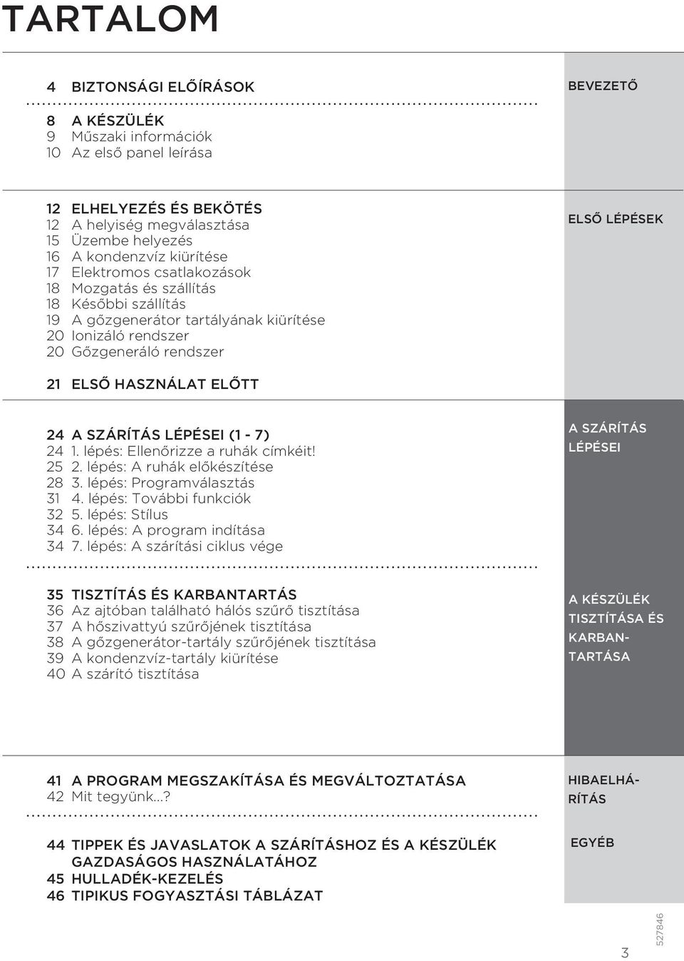 A SZÁRÍTÁS LÉPÉSEI (1-7) 24 1. lépés: Ellenőrizze a ruhák címkéit! 25 2. lépés: A ruhák előkészítése 28 3. lépés: Programválasztás 31 4. lépés: További funkciók 32 5. lépés: Stílus 34 6.