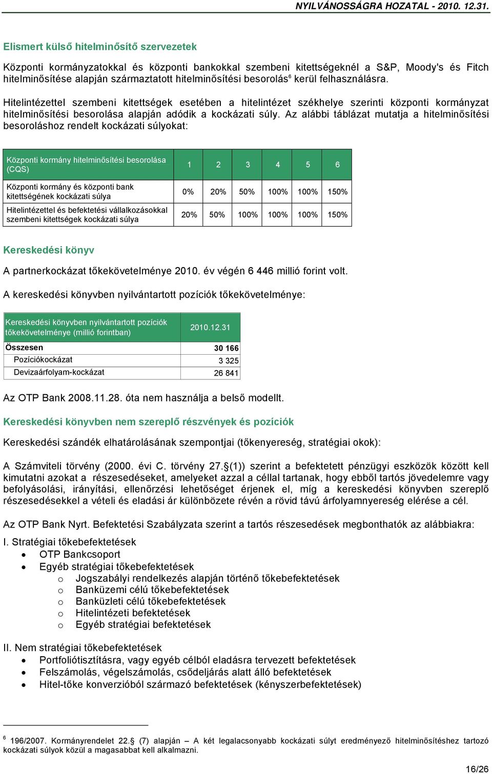 Az alábbi táblázat mutatja a hitelminősítési besoroláshoz rendelt kockázati súlyokat: Központi kormány hitelminősítési besorolása (CQS) Központi kormány és központi bank kitettségének kockázati súlya
