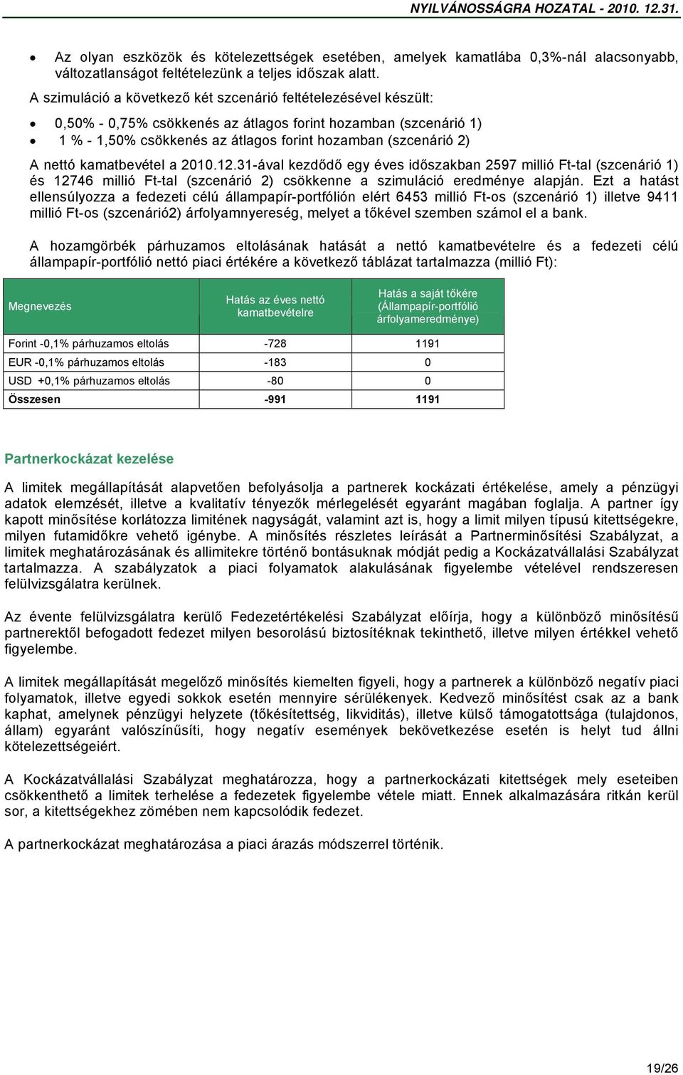 nettó kamatbevétel a 2010.12.31-ával kezdődő egy éves időszakban 2597 millió Ft-tal (szcenárió 1) és 12746 millió Ft-tal (szcenárió 2) csökkenne a szimuláció eredménye alapján.