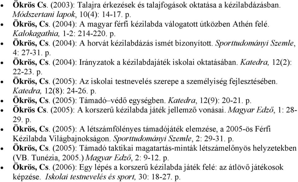 Katedra, 12(2): 22-23. p. Ökrös, Cs. (2005): Az iskolai testnevelés szerepe a személyiség fejlesztésében. Katedra, 12(8): 24-26. p. Ökrös, Cs. (2005): Támadó védő egységben. Katedra, 12(9): 20-21. p. Ökrös Cs.