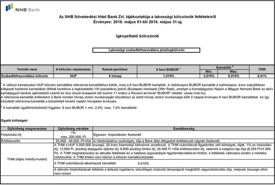 1,010% 3,010% 8,010% 5,4 A referencia-kamatláb értékeként a Bank minden hónap utolsó munkanapján közzéteszi az adott hónap utolsó munkanapja előtt 2 nappal érvényes 6 havi BUBOR kamatlábat.