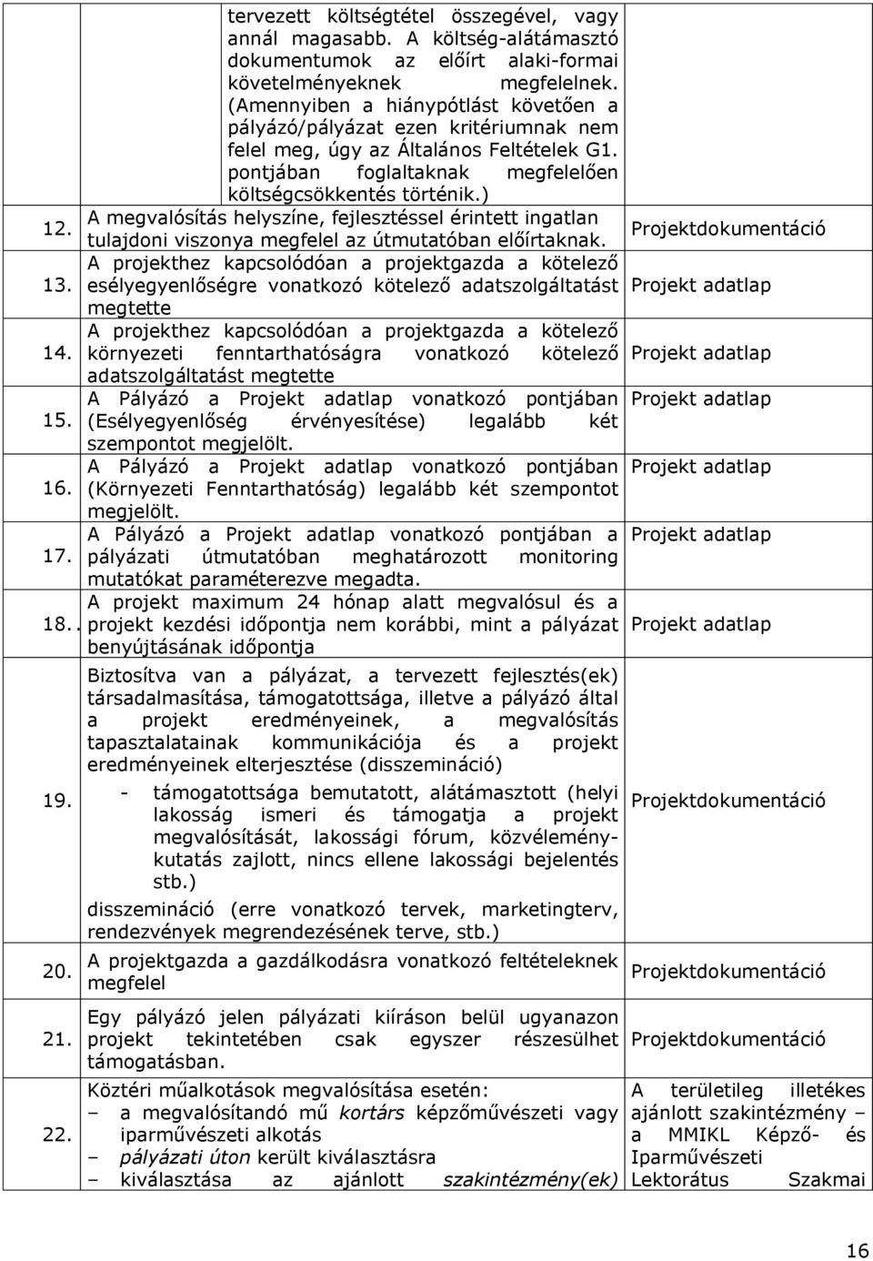 A megvalósítás helyszíne, fejlesztéssel érintett ingatlan tulajdoni viszonya megfelel az útmutatóban előírtaknak. Projektdokumentáció A projekthez kapcsolódóan a projektgazda a kötelező 13.