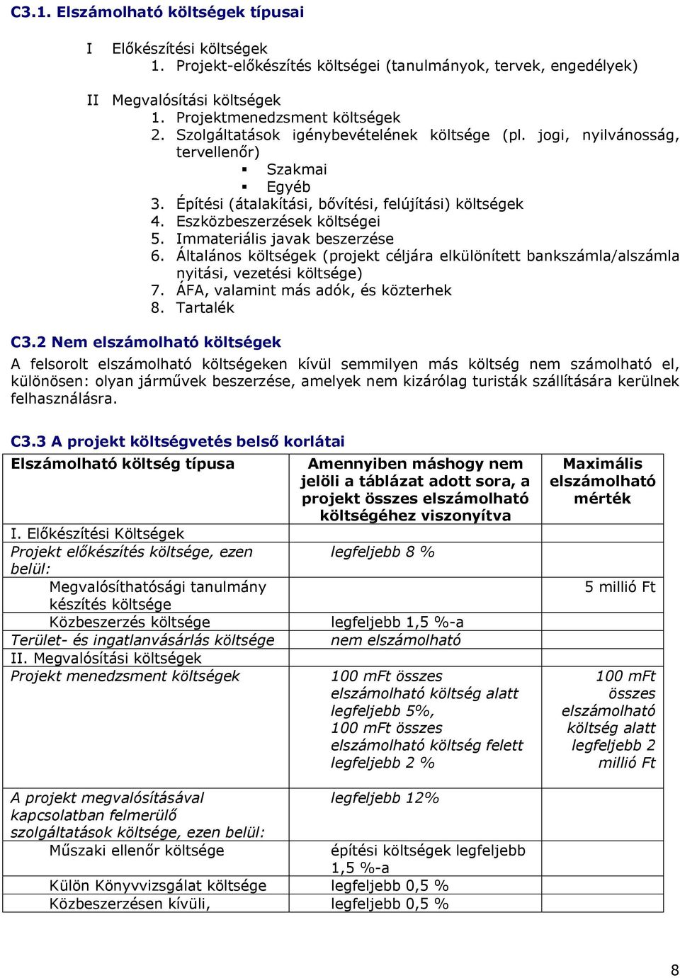 Immateriális javak beszerzése 6. Általános költségek (projekt céljára elkülönített bankszámla/alszámla nyitási, vezetési költsége) 7. ÁFA, valamint más adók, és közterhek 8. Tartalék C3.