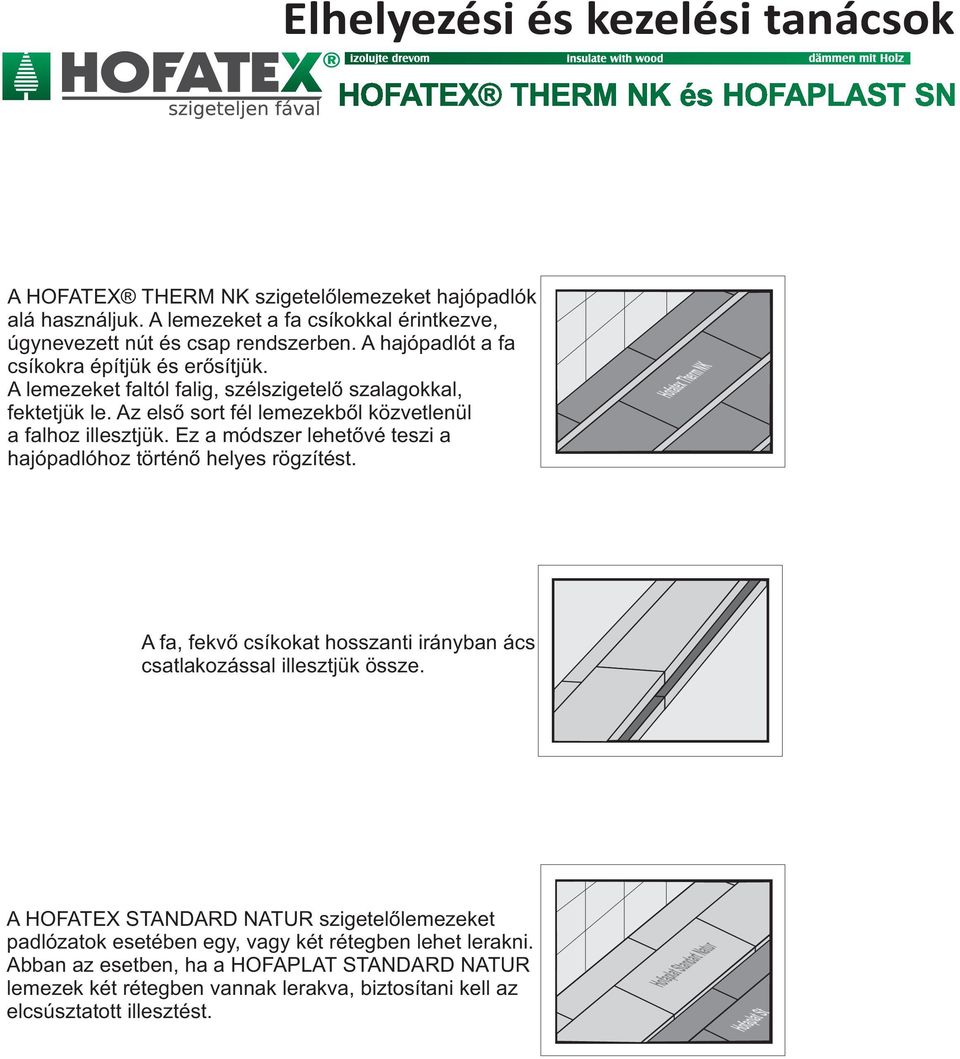 Ez a módszer lehetővé teszi a hajópadlóhoz történő helyes rögzítést. Hofatex Therm NK A fa, fekvő csíkokat hosszanti irányban ács csatlakozással illesztjük össze.