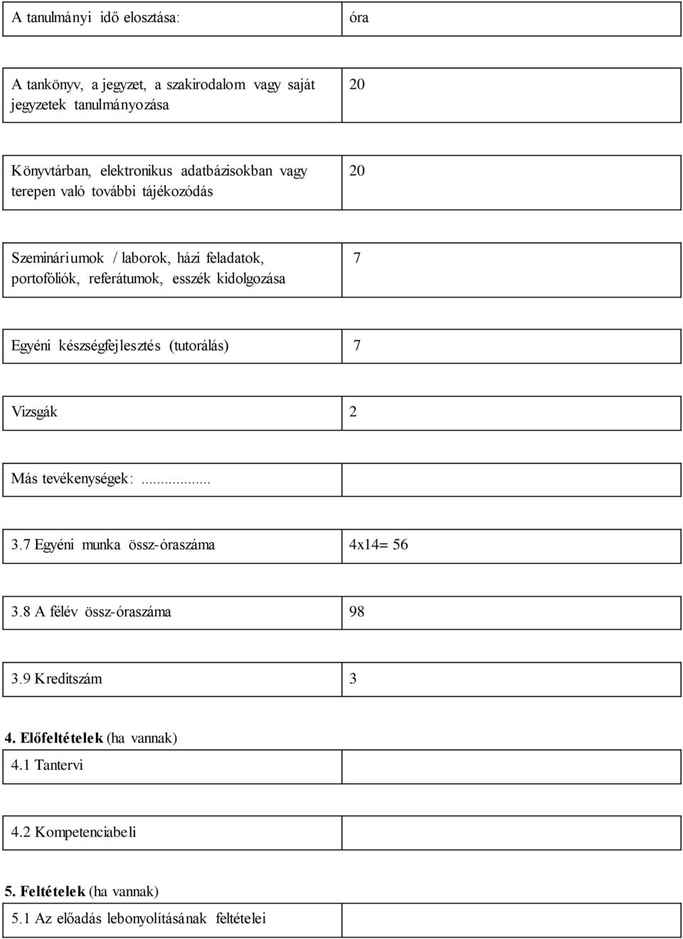 7 Egyéni készségfejlesztés (tutorálás) 7 Vizsgák 2 Más tevékenységek:... 3.7 Egyéni munka össz-óraszáma 4x14= 56 3.