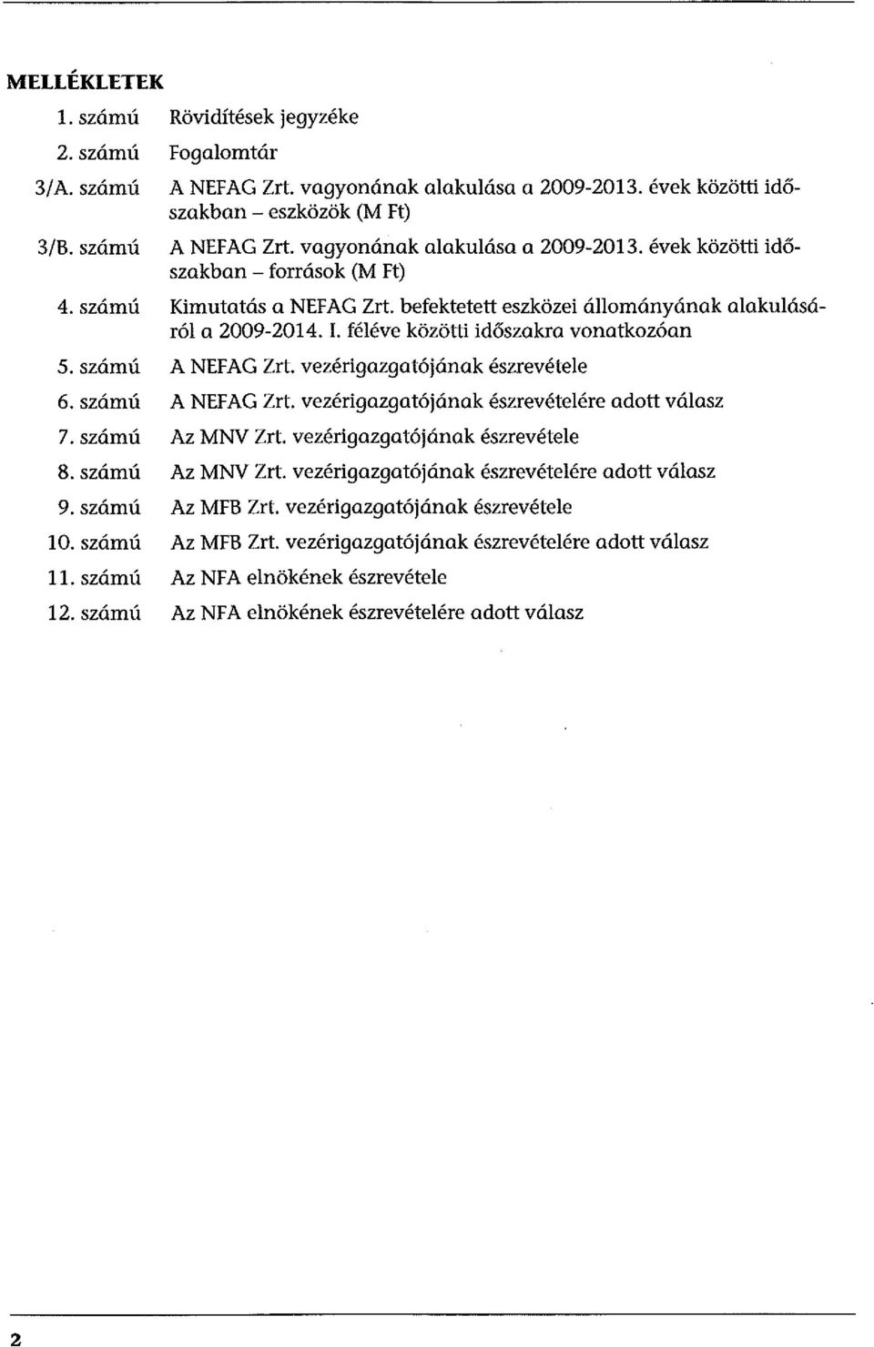 féléve közötti időszakra vonatkozóan 5. számú A NEFAG Zrt. vezérigazgatójának észrevétele 6. számú A NEFAG Zrt. vezérigazgatójának észrevételére adott válasz 7. számú Az MNV Zrt.