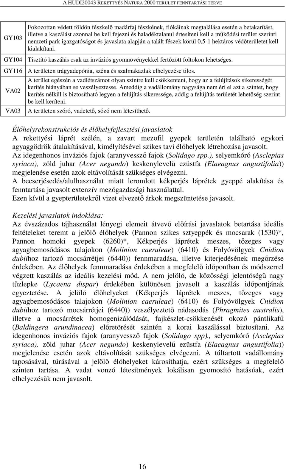 GY104 Tisztító kaszálás csak az inváziós gyomnövényekkel fertőzött foltokon lehetséges. GY116 A területen trágyadepónia, széna és szalmakazlak elhelyezése tilos.