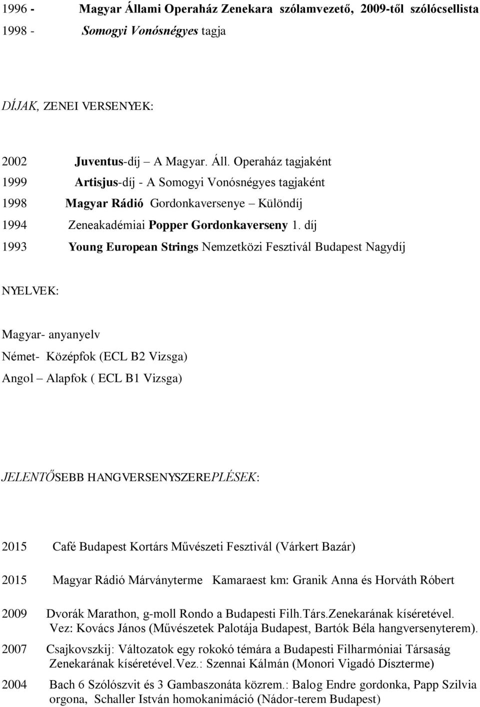 2015 Café Budapest Kortárs Művészeti Fesztivál (Várkert Bazár) 2015 Magyar Rádió Márványterme Kamaraest km: Granik Anna és Horváth Róbert 2009 Dvorák Marathon, g-moll Rondo a Budapesti Filh.Társ.