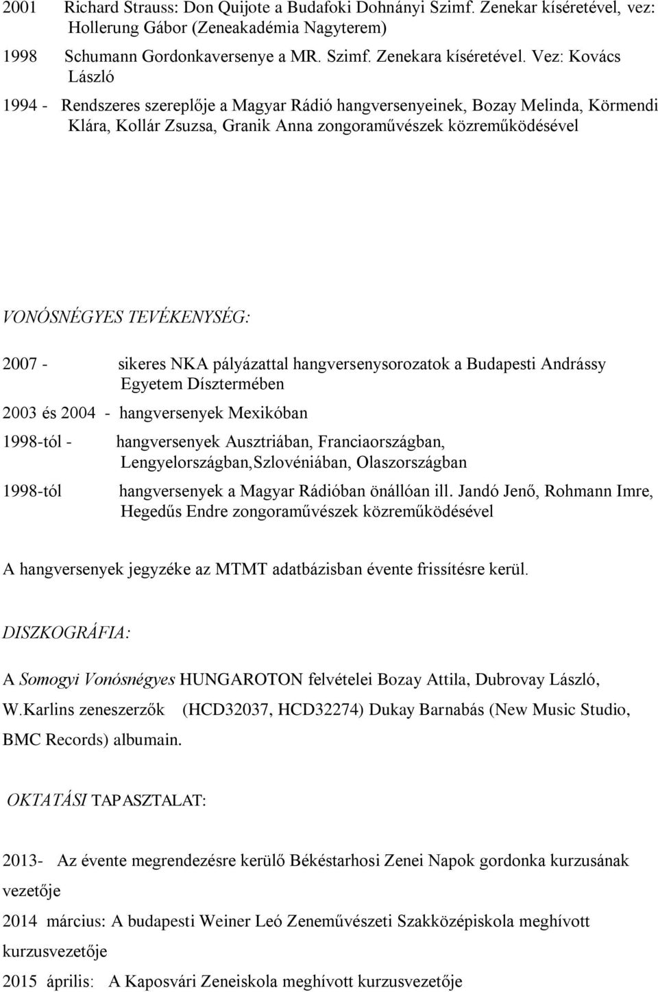 2007 - sikeres NKA pályázattal hangversenysorozatok a Budapesti Andrássy Egyetem Dísztermében 2003 és 2004 - hangversenyek Mexikóban 1998-tól - 1998-tól hangversenyek Ausztriában, Franciaországban,