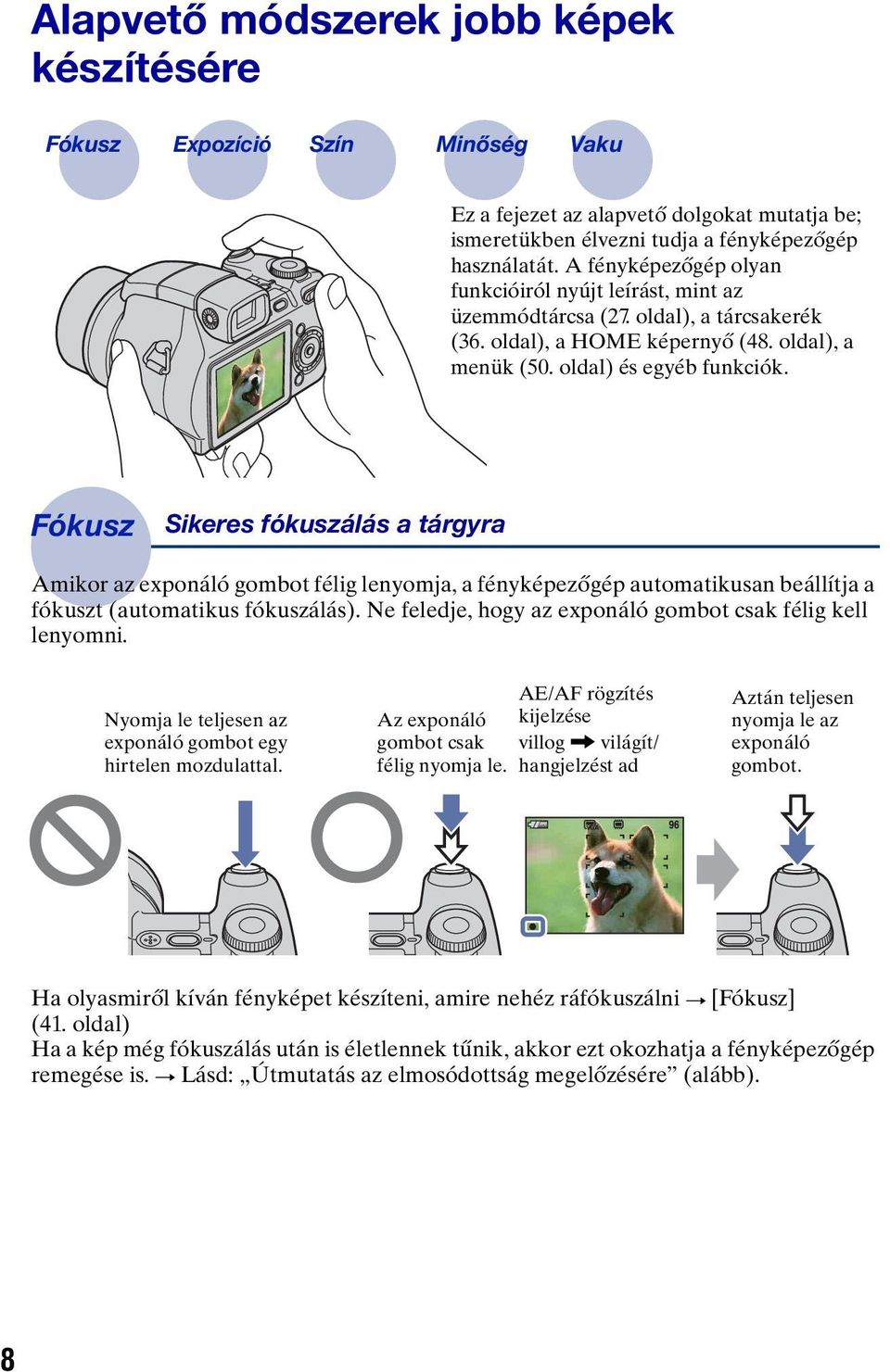 Fókusz Sikeres fókuszálás a tárgyra Amikor az exponáló gombot félig lenyomja, a fényképezőgép automatikusan beállítja a fókuszt (automatikus fókuszálás).