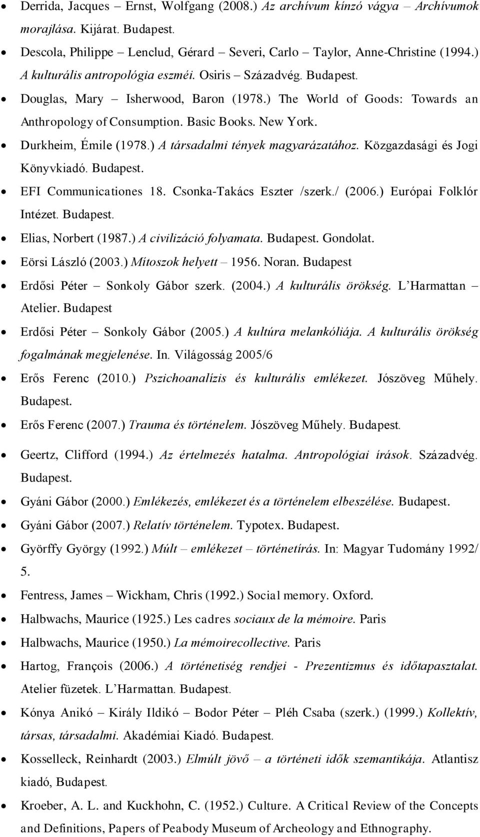 ) A társadalmi tények magyarázatához. Közgazdasági és Jogi Könyvkiadó. EFI Communicationes 18. Csonka-Takács Eszter /szerk./ (2006.) Európai Folklór Intézet. Elias, Norbert (1987.