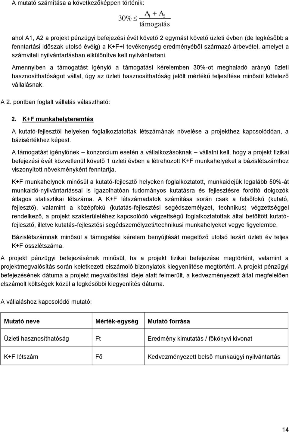 Amennyiben a támogatást igénylő a támogatási kérelemben 30%-ot meghaladó arányú üzleti hasznosíthatóságot vállal, úgy az üzleti hasznosíthatóság jelölt mértékű teljesítése minősül kötelező