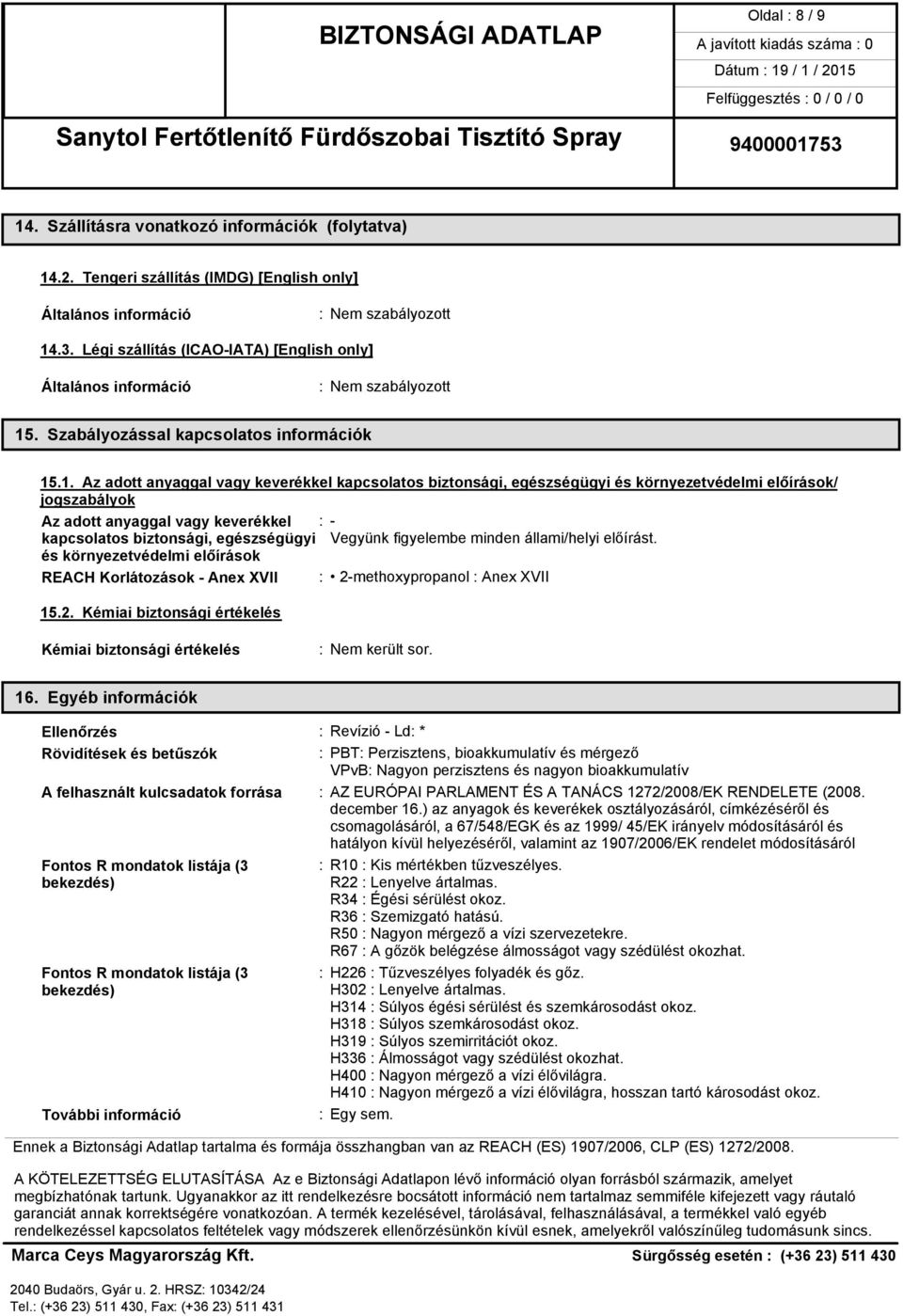 . Szabályozással kapcsolatos információk 15