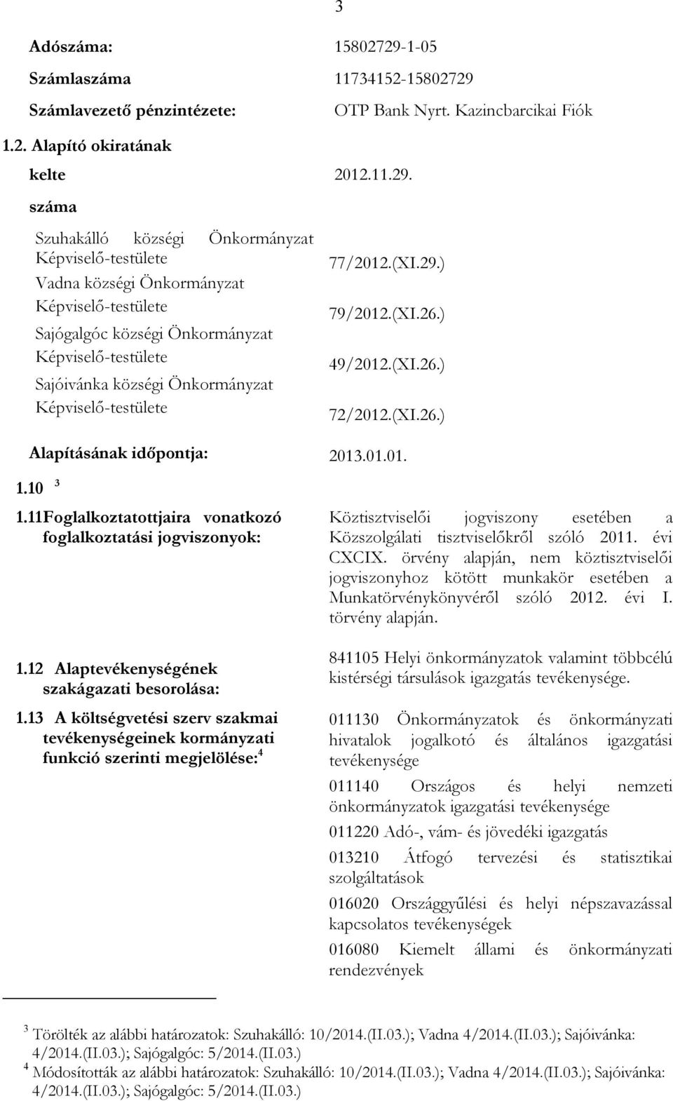 Számlavezető pénzintézete: 1.2. Alapító okiratának kelte 2012.11.29.