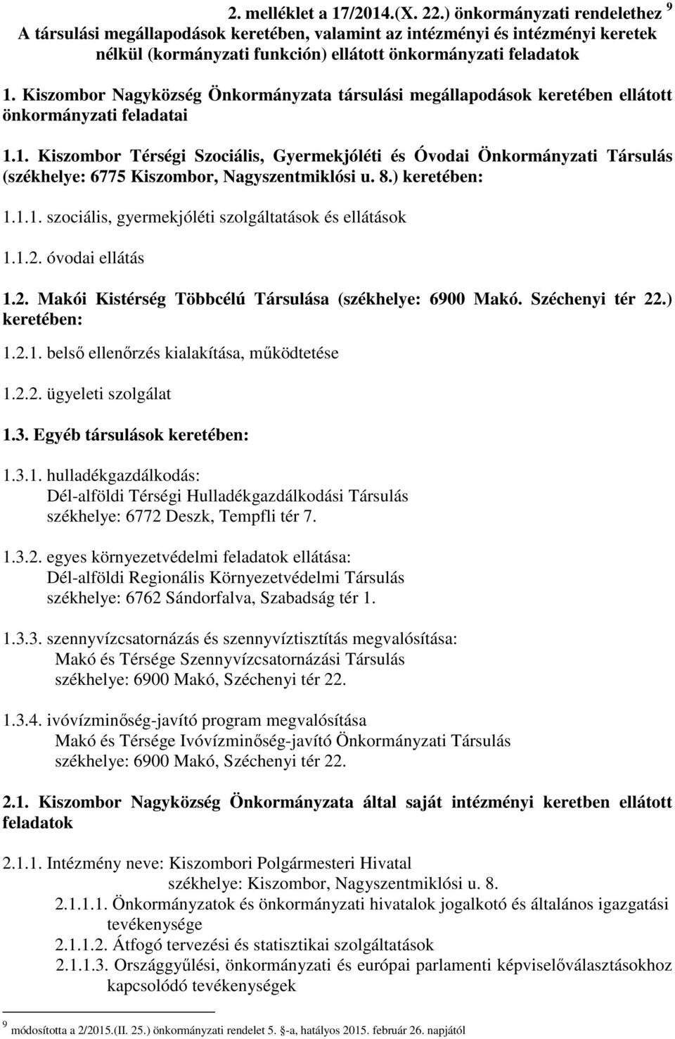 Kiszombor Nagyközség Önkormányzata társulási megállapodások keretében ellátott önkormányzati feladatai 1.
