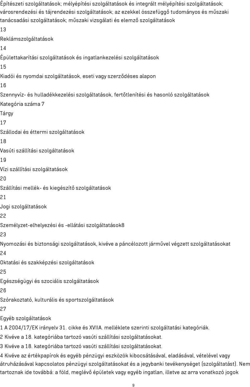 vagy szerződéses alapon 16 Szennyvíz- és hulladékkezelési szolgáltatások, fertőtlenítési és hasonló szolgáltatások Kategória száma 7 Tárgy 17 Szállodai és éttermi szolgáltatások 18 Vasúti szállítási