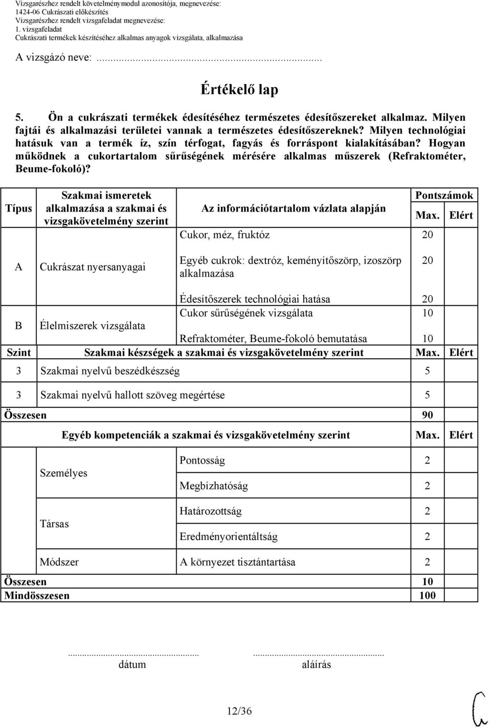 Típus Szakmai ismeretek alkalmazása a szakmai és vizsgakövetelmény szerint Az információtartalom vázlata alapján Cukor, méz, fruktóz Pontszámok Max.