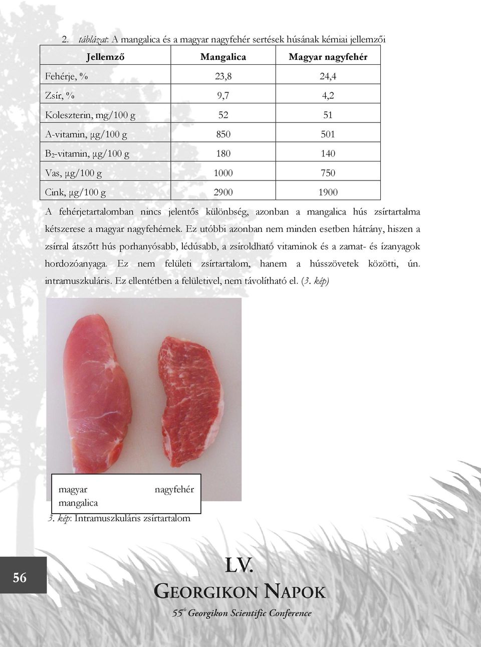 magyar nagyfehérnek. Ez utóbbi azonban nem minden esetben hátrány, hiszen a zsírral átszőtt hús porhanyósabb, lédúsabb, a zsíroldható vitaminok és a zamat- és ízanyagok hordozóanyaga.