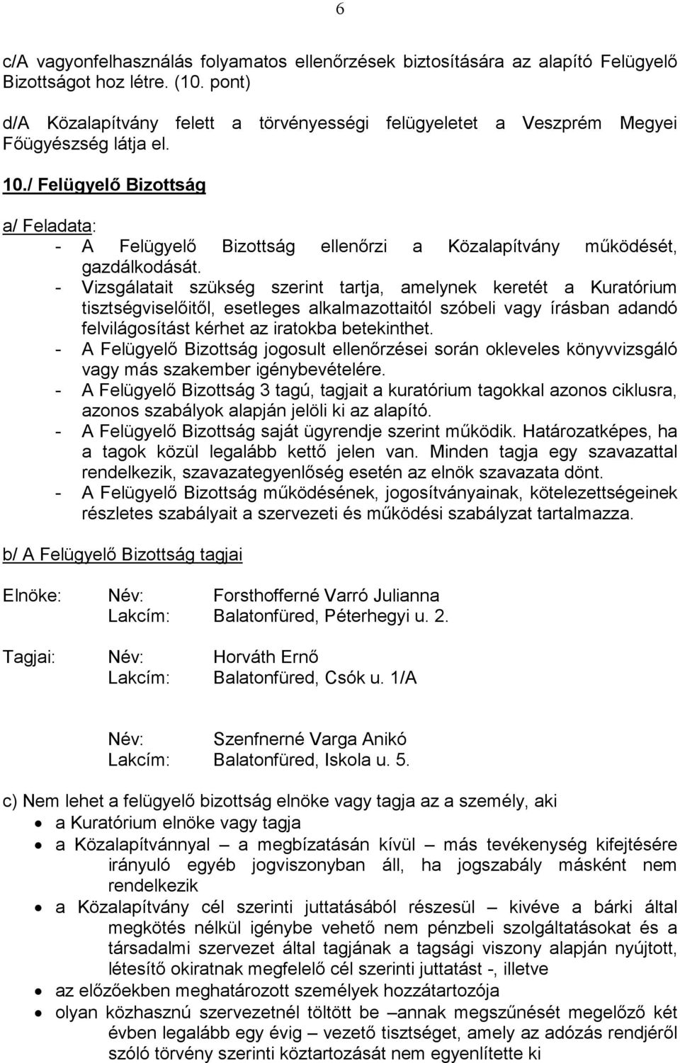 / Felügyelő Bizottság a/ Feladata: - A Felügyelő Bizottság ellenőrzi a Közalapítvány működését, gazdálkodását.