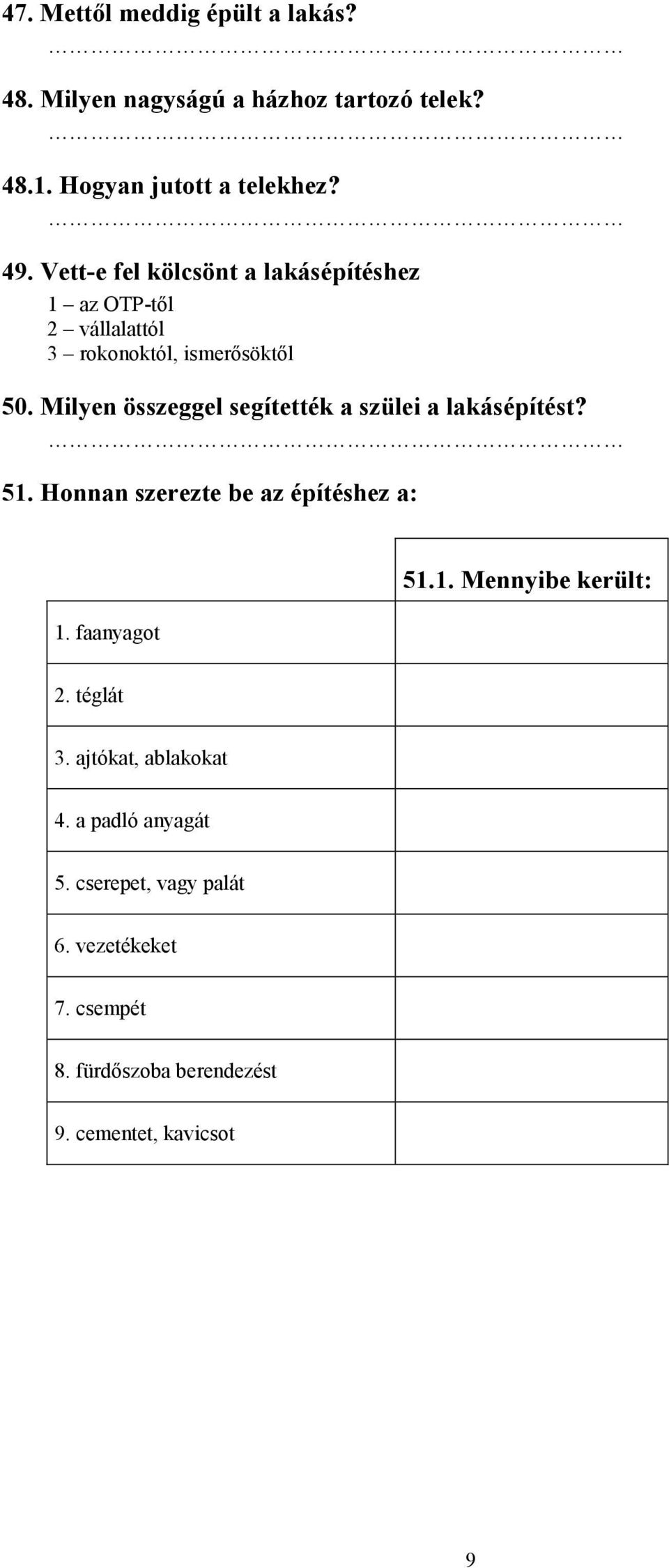 Milyen összeggel segítették a szülei a lakásépítést? 51. Honnan szerezte be az építéshez a: 1. faanyagot 51.1. Mennyibe került: 2.