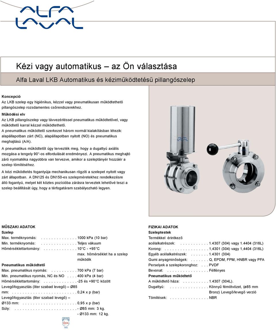 rozsdamentes csőrendszerekhez. Működési elv z LK pillangószelep vagy távvezérléssel pneumatikus működtetővel, vagy működtető karral kézzel működtethető.